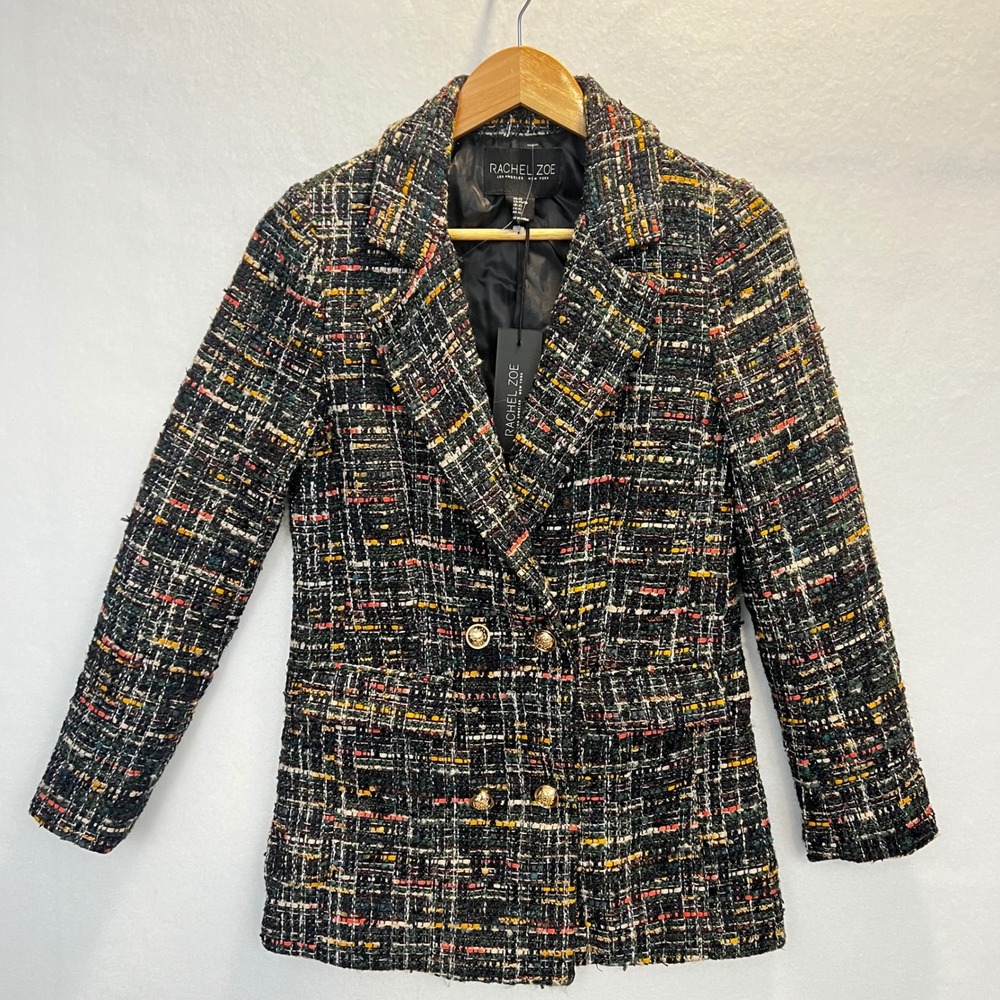 Rachel Zoe Multicolor Tweed Blazer Double Breasted Gold Buttons Jacket XS